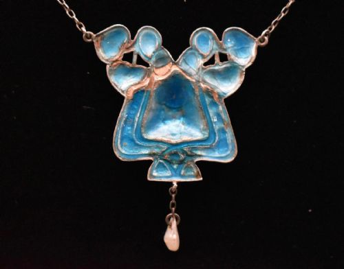 ANTIQUE ARTS CRAFTS SILVER ENAMEL PENDANT NECKLACE PEARL DROP - ADDITIONAL PHOTO 6