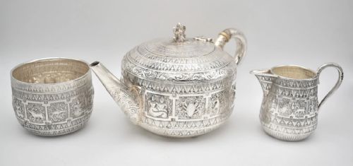 Antique George Fox Sterling Silver Zodiac Indianesque 3 Piece Teaset London 1886