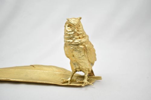 AUSTRIAN GILT BRONZE OWL INKWELL PEN TRAY SIGNED BERGMANN GESCHTZT - ADDITIONAL PHOTO 3