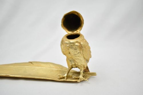 AUSTRIAN GILT BRONZE OWL INKWELL PEN TRAY SIGNED BERGMANN GESCHTZT - ADDITIONAL PHOTO 4