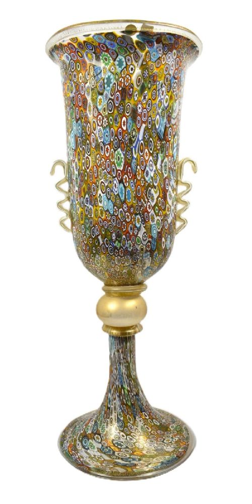 Authentic Murano Millefiori Glass Chalice Urn Vase 24k Gold 022 Label