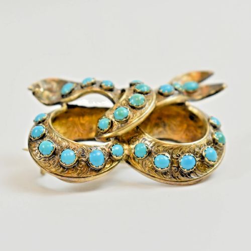 ANTIQUE VICTORIAN ORNATELY ENGRAVED 15CT GOLD TURQUOISE LOVER'S KNOT BROOCH - ADDITIONAL PHOTO 1