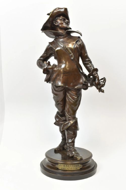 ANTIQUE FRENCH EDOUARD DROUOT BRONZE STATUE SCULPTURE 'LE BRETTEUR' MUSKETEER - ADDITIONAL PHOTO 7