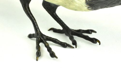 fig 3. An antique cold-painted bronze figure depicting a magpie with detailed black and white polychrome finish.
