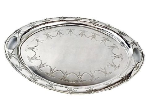 A LARGE ANTIQUE ENGRAVED STERLING SILVER OVAL TRAY HARRISON BROS SHEFFIELD 1912 - ADDITIONAL PHOTO 1
