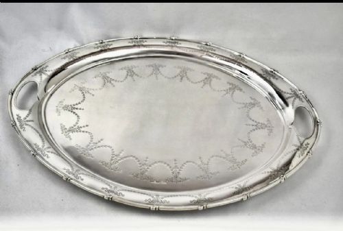 A LARGE ANTIQUE ENGRAVED STERLING SILVER OVAL TRAY HARRISON BROS SHEFFIELD 1912 - ADDITIONAL PHOTO 7