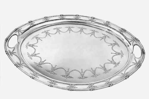 A LARGE ANTIQUE ENGRAVED STERLING SILVER OVAL TRAY HARRISON BROS SHEFFIELD 1912 - ADDITIONAL PHOTO 8