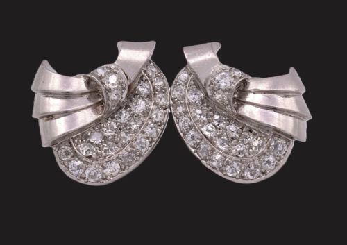 ANTIQUE ART DECO 18K WHITE GOLD 230CT OLD CUT DIAMOND SWIRL CLIPON EARRINGS - ADDITIONAL PHOTO 1