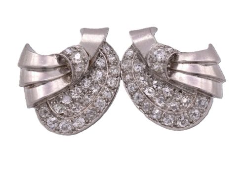 ANTIQUE ART DECO 18K WHITE GOLD 230CT OLD CUT DIAMOND SWIRL CLIPON EARRINGS - ADDITIONAL PHOTO 2