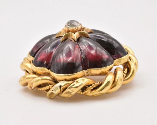 A LARGE ANTIQUE VICTORIAN CARBUNCLE GARNET DIAMOND BROACH IN 15CT GOLD C 1850 - ADDITIONAL PHOTO 2
