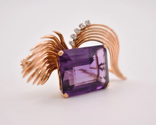 VINTAGE 18K GOLD AMETHYST DIAMOND SPRAY BROOCH 29CT STEP CUT STONE MID20THC - ADDITIONAL PHOTO 1