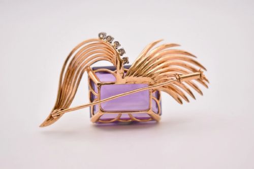VINTAGE 18K GOLD AMETHYST DIAMOND SPRAY BROOCH 29CT STEP CUT STONE MID20THC - ADDITIONAL PHOTO 2