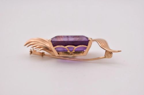 VINTAGE 18K GOLD AMETHYST DIAMOND SPRAY BROOCH 29CT STEP CUT STONE MID20THC - ADDITIONAL PHOTO 3
