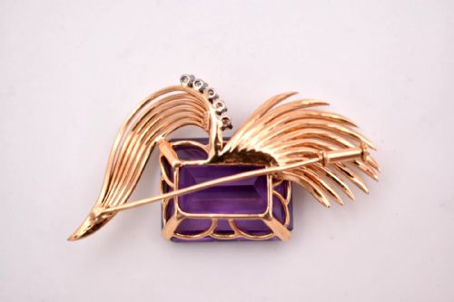VINTAGE 18K GOLD AMETHYST DIAMOND SPRAY BROOCH 29CT STEP CUT STONE MID20THC - ADDITIONAL PHOTO 4