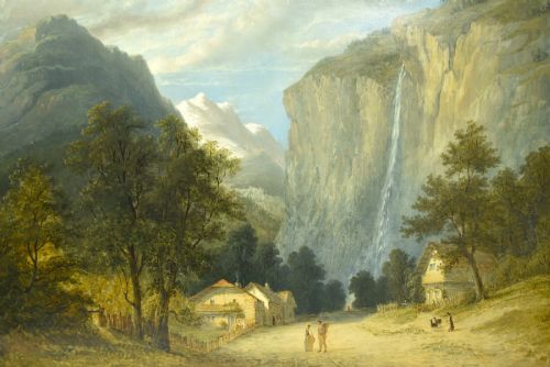 ANTIQUE OIL PAINTING STAUBBACH FALLS LAUTERBRUNNEN SWITZERLAND 815X66CM