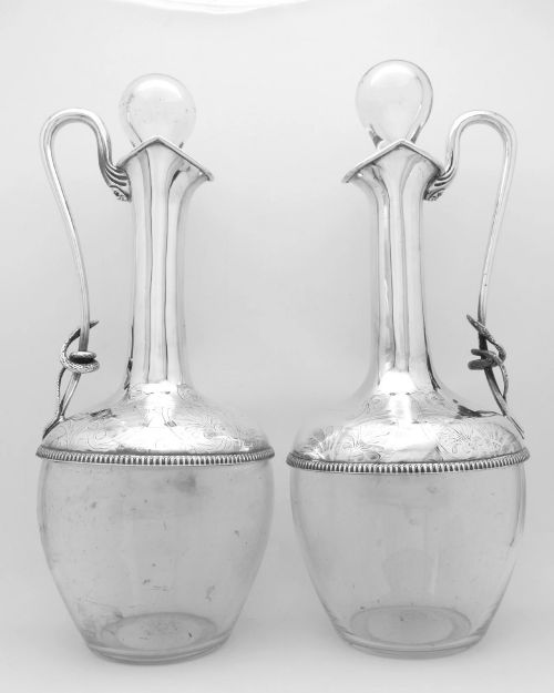 FINE PAIR ANTIQUE SOLID SILVER MOUNTED CRYSTAL CLARET JUGS SERPENT HANDLE 19THC