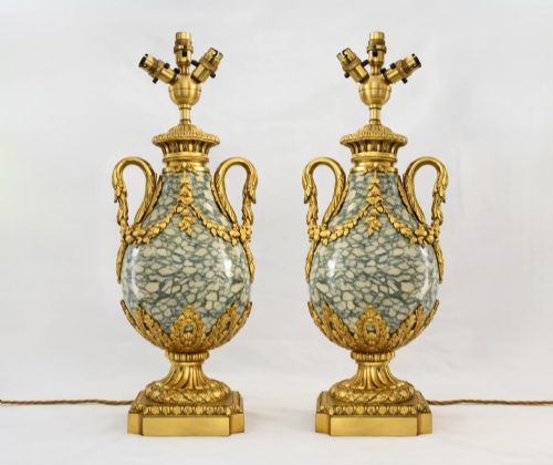 PAIR OF 19THC FRENCH LOUIS XVI STYLE ORMOLU MOUNTED MARBLE CASSOLETTE LAMPS