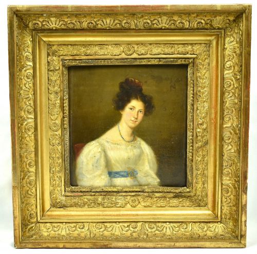 antique early 19th c oil portrait woman in empire dress on panel circa 1800s - CATEGORY: ANTIQUE ART - DATED 19TH CENTURY