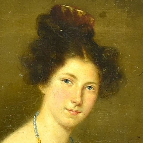 ANTIQUE EARLY 19TH C OIL PORTRAIT WOMAN IN EMPIRE DRESS ON PANEL CIRCA 1800S - ADDITIONAL PHOTO 2