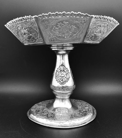 ANTIQUE ANGLOINDIAN BURMESE SILVER REPOUSS TAZZA FOOTED BOWL 685G 215CM - ADDITIONAL PHOTO 5