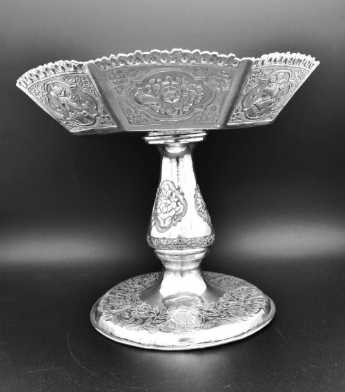 ANTIQUE ANGLOINDIAN BURMESE SILVER REPOUSS TAZZA FOOTED BOWL 685G 215CM - ADDITIONAL PHOTO 7