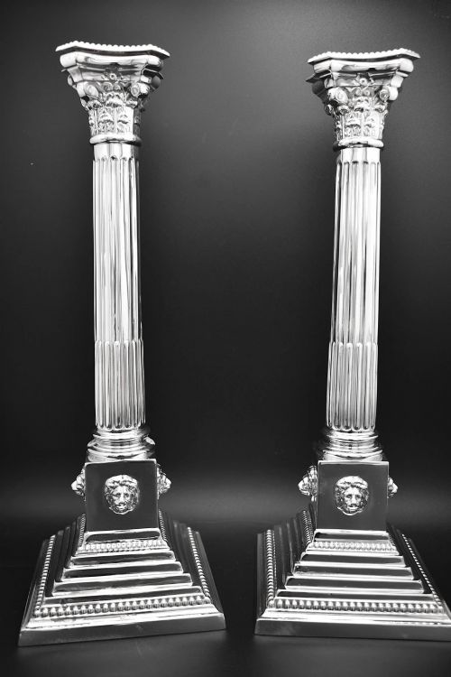 ANTIQUE STERLING SILVER CORINTHIAN COLUMN CANDLESTICKS BIRMINGHAM 1911 LION MASK