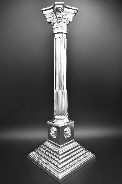 ANTIQUE STERLING SILVER CORINTHIAN COLUMN CANDLESTICKS BIRMINGHAM 1911 LION MASK - ADDITIONAL PHOTO 1