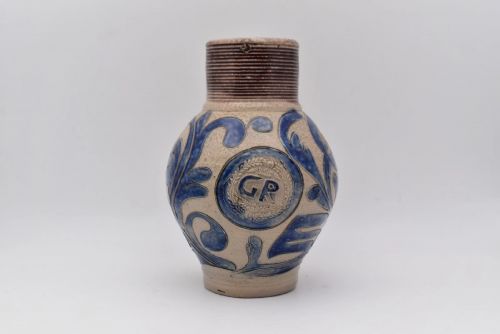 RARE ANTIQUE 18THC WESTERWALD STONEWARE JUG GR ROYAL CIPHER SALT GLAZE GERMANY