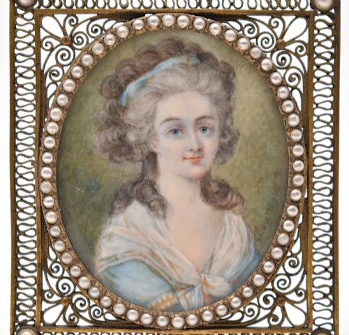 ANTIQUE 18THC FRENCH PORTRAIT MINIATURE WOMAN SIGNED DUMONT SEED PEARLGILT FRAME - ADDITIONAL PHOTO 1