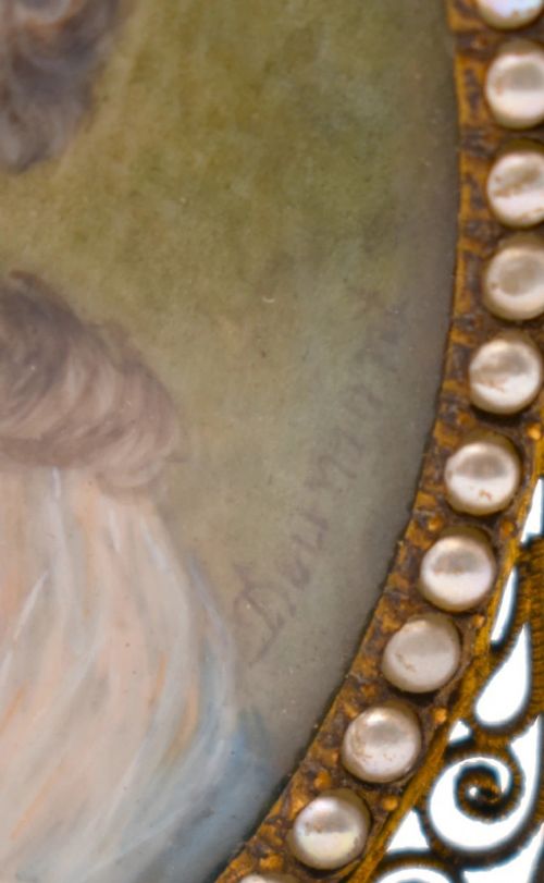 ANTIQUE 18THC FRENCH PORTRAIT MINIATURE WOMAN SIGNED DUMONT SEED PEARLGILT FRAME - ADDITIONAL PHOTO 2