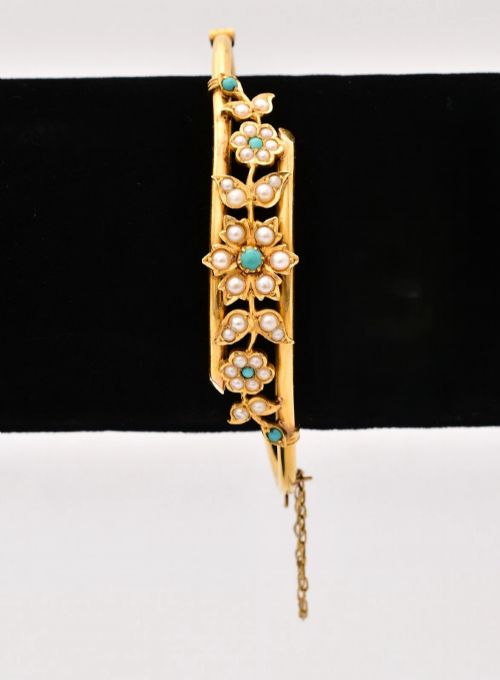 antique 18ct gold turquoise seed pearl floral bangle victorian crossover 179g - CATEGORY: ANTIQUE JEWELLERY - DATED 19TH CENTURY