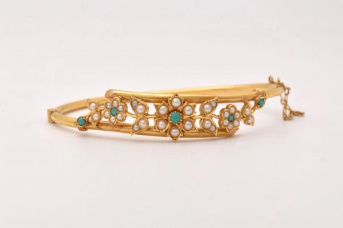 ANTIQUE 18CT GOLD TURQUOISE SEED PEARL FLORAL BANGLE VICTORIAN CROSSOVER 179G - ADDITIONAL PHOTO 1