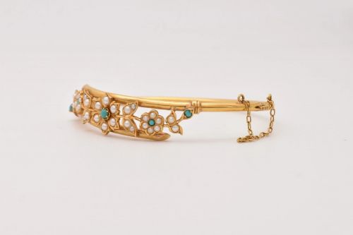 ANTIQUE 18CT GOLD TURQUOISE SEED PEARL FLORAL BANGLE VICTORIAN CROSSOVER 179G - ADDITIONAL PHOTO 4