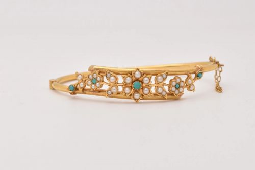 ANTIQUE 18CT GOLD TURQUOISE SEED PEARL FLORAL BANGLE VICTORIAN CROSSOVER 179G - ADDITIONAL PHOTO 5