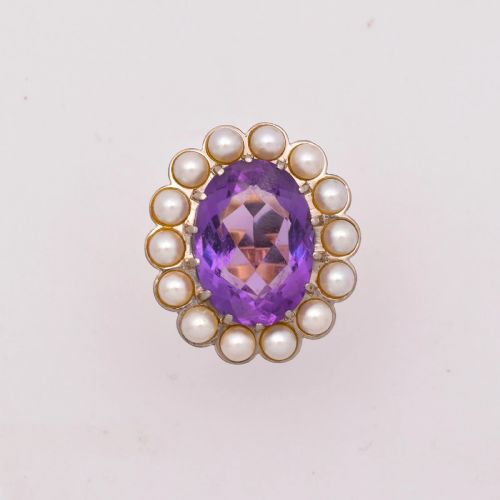 18CT GOLD LARGE AMETHYST PEARL CLUSTER RING 79CT OVAL VINTAGE DRESS 108G SZ Q