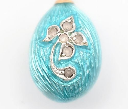 ANTIQUE RUSSIAN SILVER DIAMOND 008 CT TURQUOISE ENAMEL EGG PENDANT - ADDITIONAL PHOTO 1