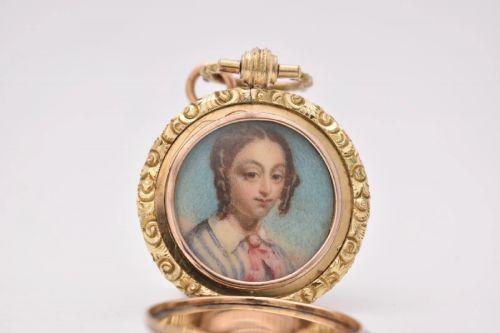 ANTIQUE GEORGIAN GOLD PORTRAIT MINIATURE PENDANT LOCKET HAND PAINTED CA 1700S - ADDITIONAL PHOTO 1