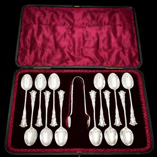 STERLING SILVER APOSTLE TEASPOON SUGAR TONGS SET CASE BIRMINGHAM 1900 DA 13PC