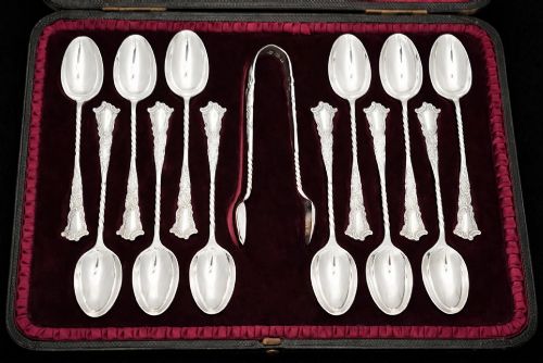STERLING SILVER APOSTLE TEASPOON SUGAR TONGS SET CASE BIRMINGHAM 1900 DA 13PC - ADDITIONAL PHOTO 1