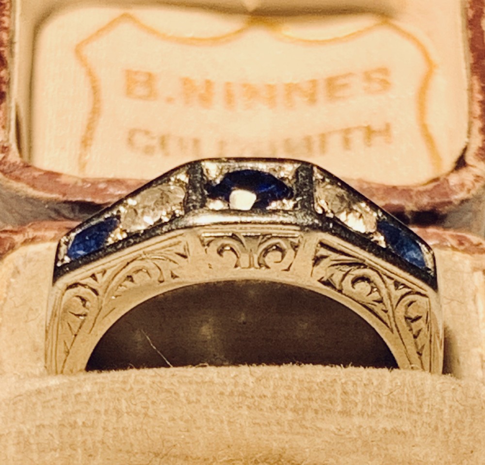 Art Deco. Platinum, Sapphire & Diamond Five Stone Ring View VIII