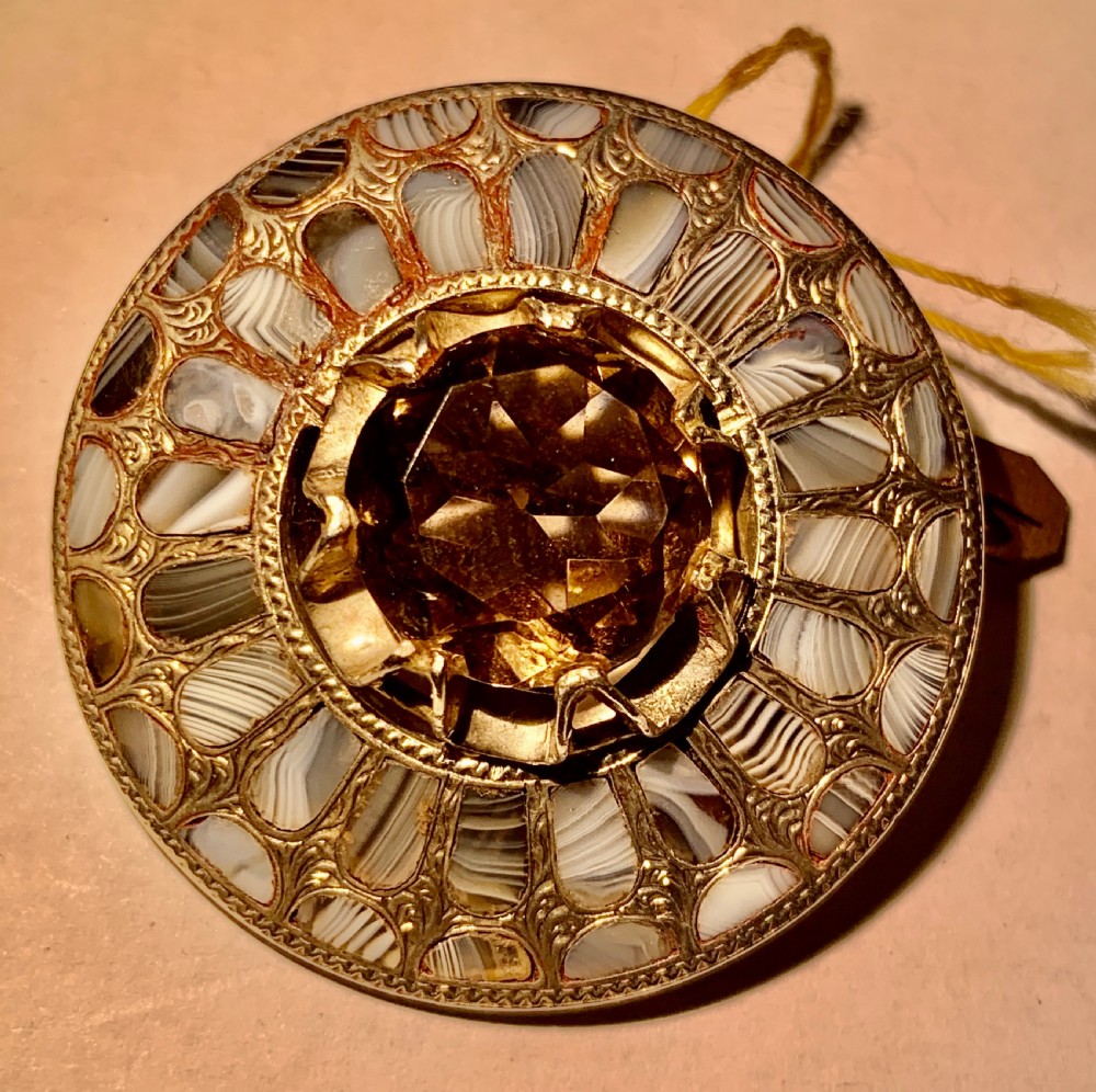 Large Superb Victorian Silver Scottish Montrose Agate & Citrine Brooch / Pin