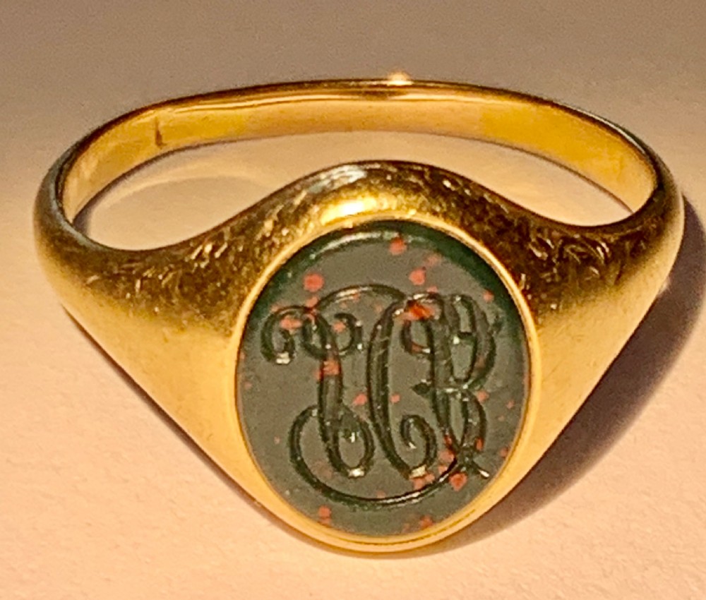 Antique Seal Engraved Monogram Bloodstone  18k Gold Signet Ring