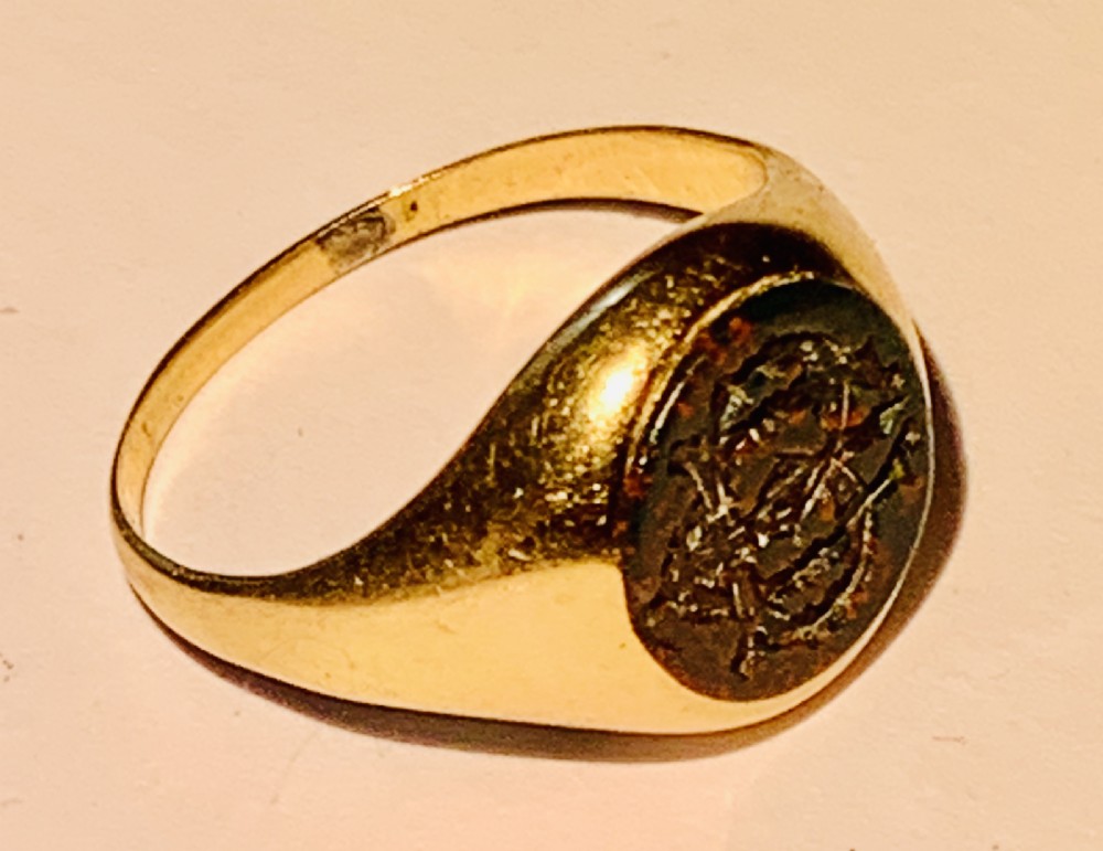 Antique Seal Engraved Monogram Bloodstone  18k Gold Signet Ring View II