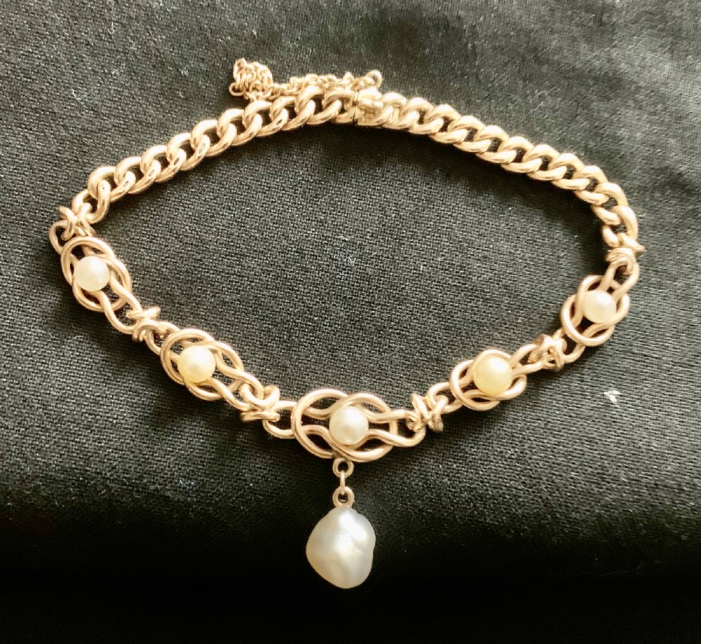 Victorian Natural Pearl 9ct rose Gold Curb Bracelet Antique View IV