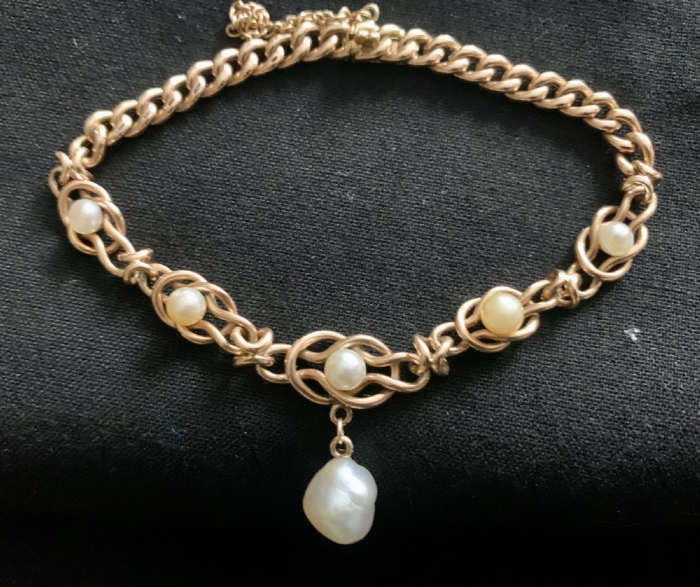Victorian Natural Pearl 9ct rose Gold Curb Bracelet Antique View V