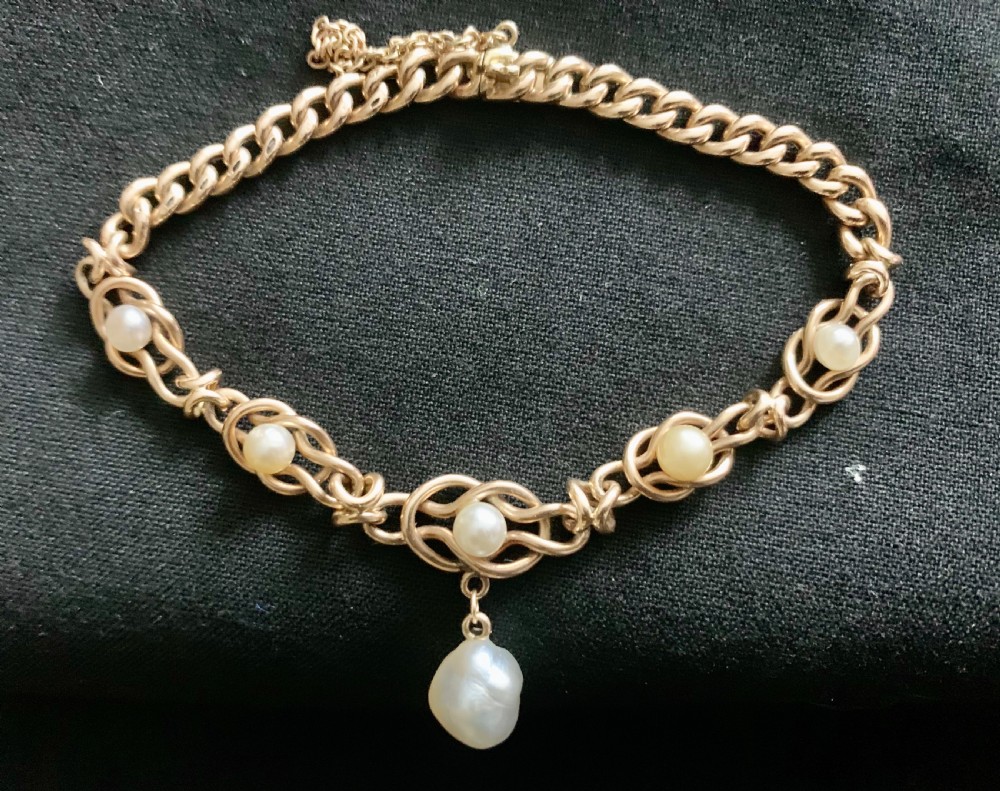 Victorian Natural Pearl 9ct rose Gold Curb Bracelet Antique View VI