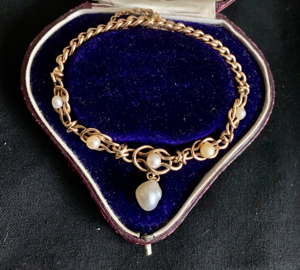 Victorian Natural Pearl 9ct rose Gold Curb Bracelet Antique View VII