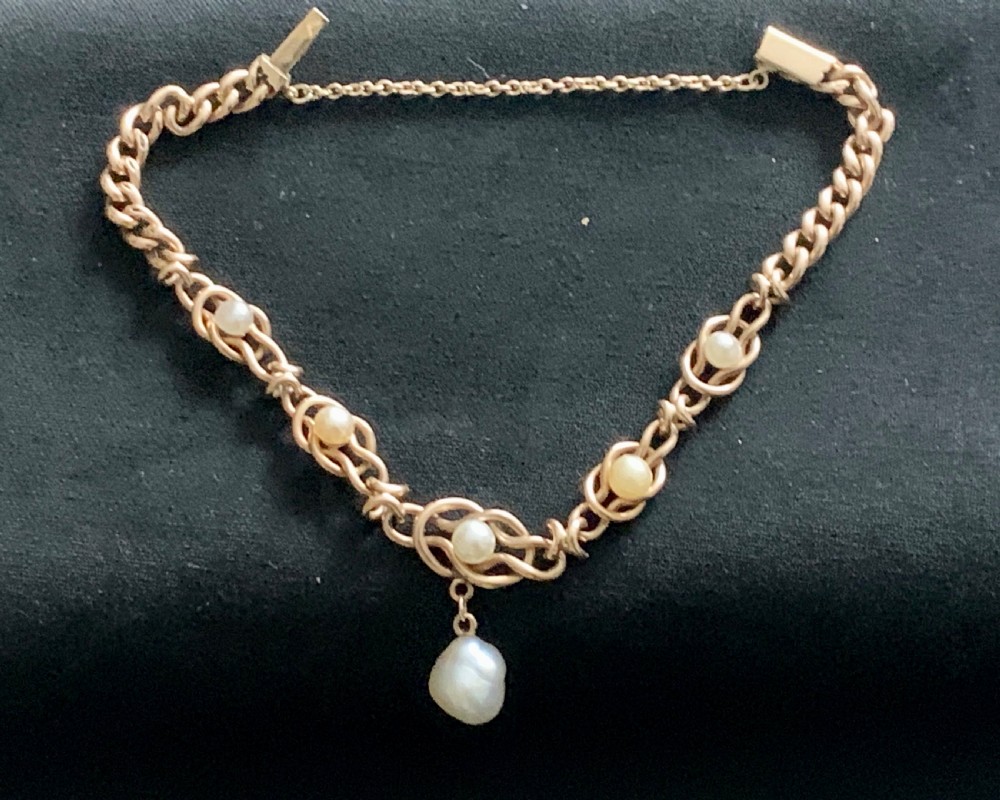 Victorian Natural Pearl 9ct rose Gold Curb Bracelet Antique View XI