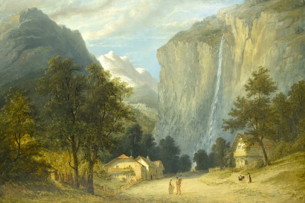 An antique oil painting depicting the dramatic Staubbach Falls in the Lauterbrunnen valley of Switzerland, featuring high alpine cliffs, cottages, and figures on a dirt road.