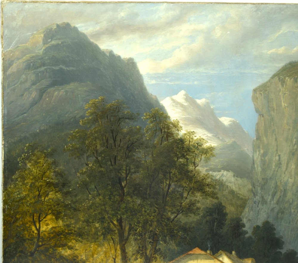 An antique oil painting depicting the dramatic Staubbach Falls in the Lauterbrunnen valley of Switzerland, featuring high alpine cliffs, cottages, and figures on a dirt road. View II